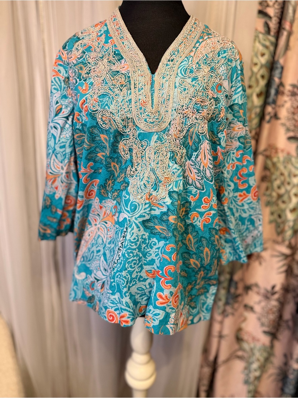Charter Club Turquoise and Cream Embroidered Paisley V-Neck Tunic